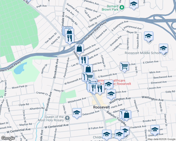 map of restaurants, bars, coffee shops, grocery stores, and more near 25 East Raymond Avenue in Roosevelt