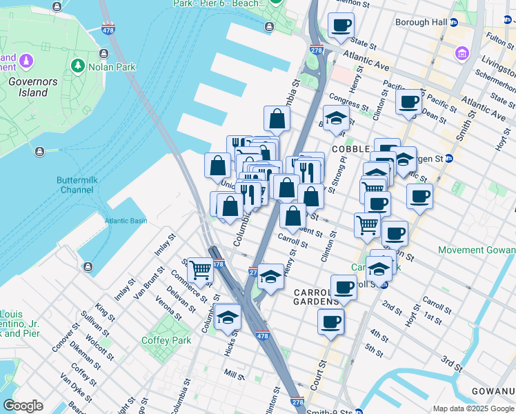 map of restaurants, bars, coffee shops, grocery stores, and more near 221 Columbia Street in Brooklyn