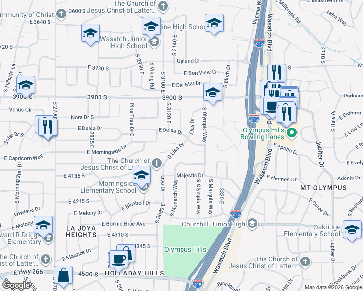 map of restaurants, bars, coffee shops, grocery stores, and more near 4049 South Lisa Drive in Salt Lake City
