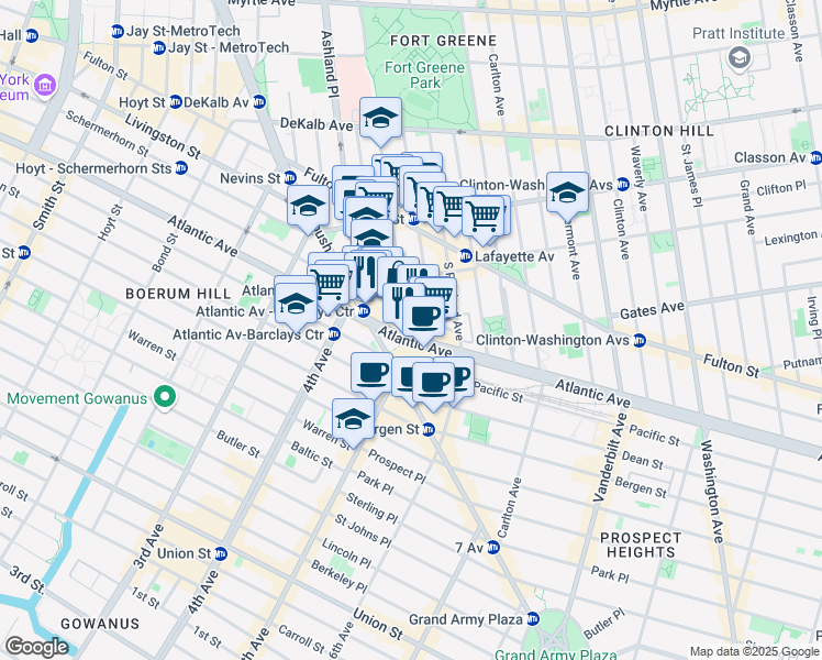 map of restaurants, bars, coffee shops, grocery stores, and more near 625 Atlantic Avenue in Brooklyn