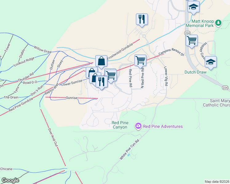 map of restaurants, bars, coffee shops, grocery stores, and more near 3000 Canyons Resort Drive in Park City