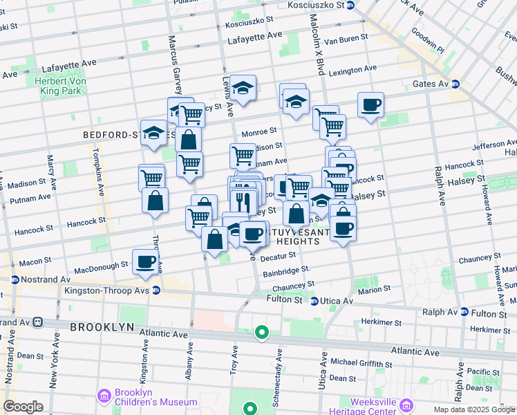 map of restaurants, bars, coffee shops, grocery stores, and more near 327 Lewis Avenue in Brooklyn
