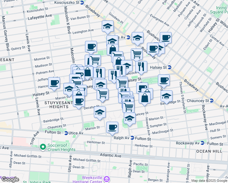 map of restaurants, bars, coffee shops, grocery stores, and more near 660 Macon Street in Brooklyn