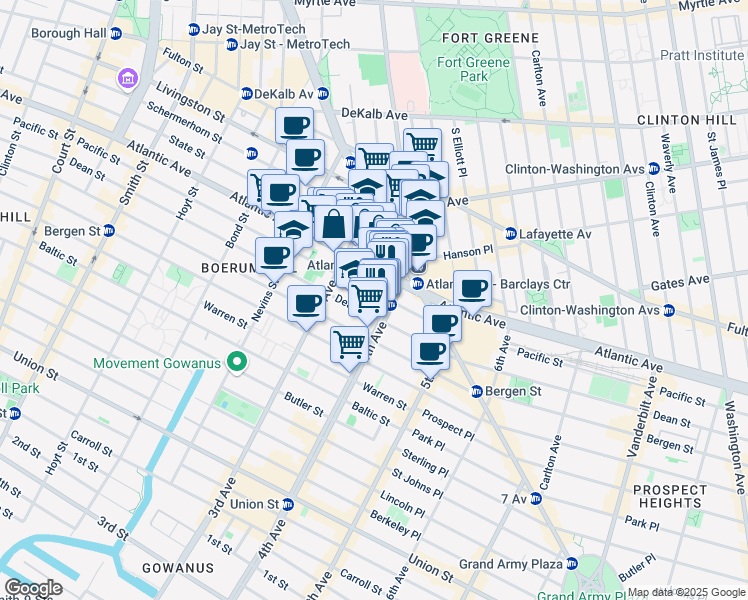 map of restaurants, bars, coffee shops, grocery stores, and more near 545 Atlantic Avenue in Brooklyn