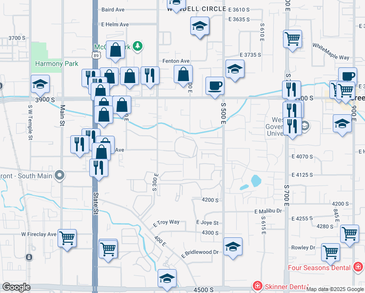 map of restaurants, bars, coffee shops, grocery stores, and more near 387 East Woodlake Cove in Salt Lake City