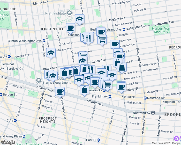 map of restaurants, bars, coffee shops, grocery stores, and more near 3 Monroe Street in Brooklyn