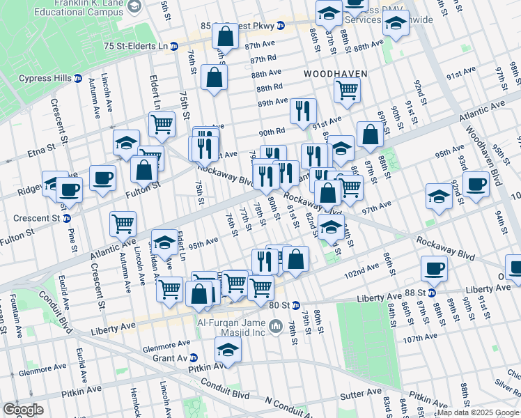 map of restaurants, bars, coffee shops, grocery stores, and more near in Queens