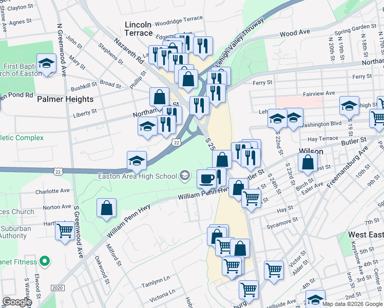 map of restaurants, bars, coffee shops, grocery stores, and more near 2601 William Penn Highway in Easton