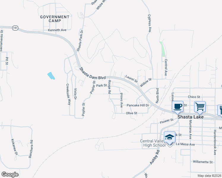 map of restaurants, bars, coffee shops, grocery stores, and more near 3604 Hazel Street in Shasta Lake