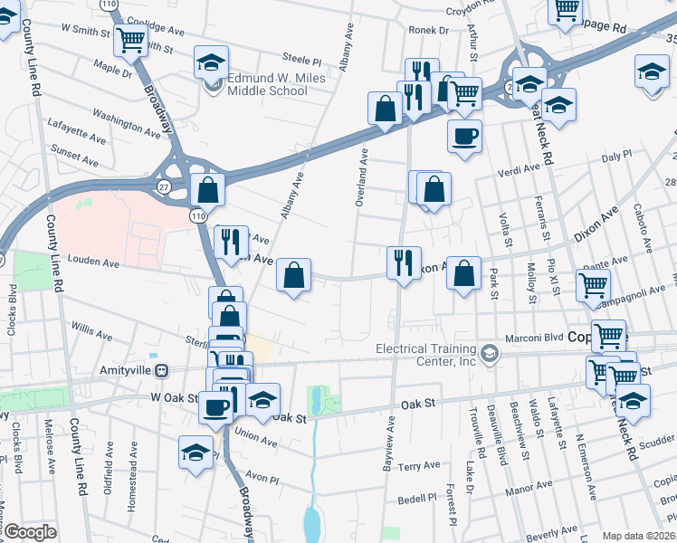 map of restaurants, bars, coffee shops, grocery stores, and more near 166 Dixon Avenue in Amityville