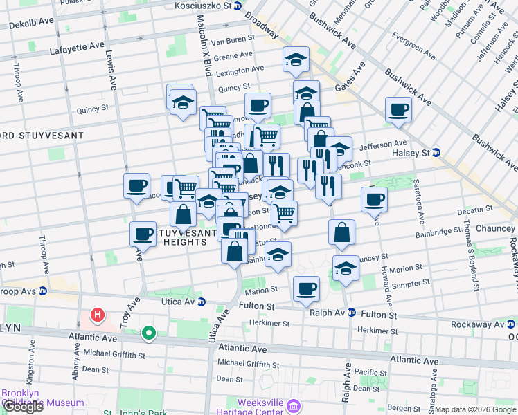 map of restaurants, bars, coffee shops, grocery stores, and more near 625 Halsey Street in Brooklyn