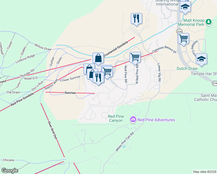 map of restaurants, bars, coffee shops, grocery stores, and more near 3000 Canyons Resort Drive in Park City