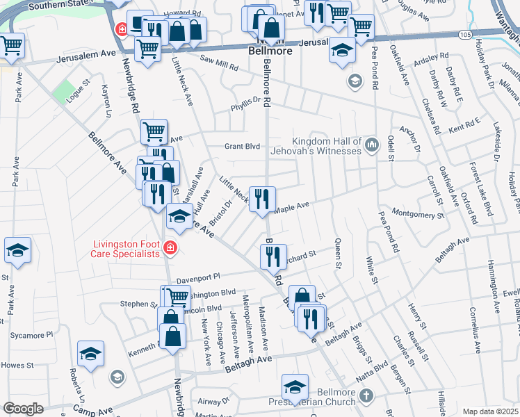 map of restaurants, bars, coffee shops, grocery stores, and more near 103 Herkimer Street in North Bellmore