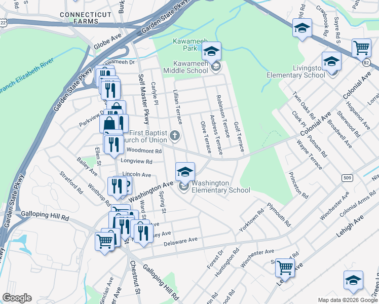 map of restaurants, bars, coffee shops, grocery stores, and more near 529 Homer Terrace in Union