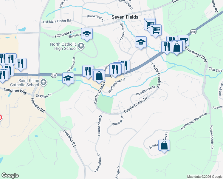map of restaurants, bars, coffee shops, grocery stores, and more near 217 Northpointe Circle in Mars