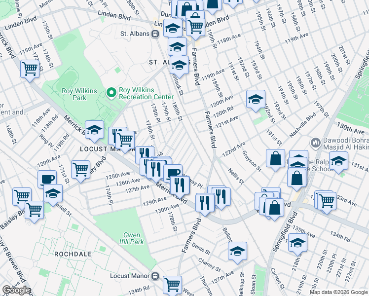 map of restaurants, bars, coffee shops, grocery stores, and more near 121-11 180th Street in Queens