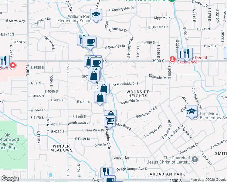map of restaurants, bars, coffee shops, grocery stores, and more near 1728 North Woodside Drive East in Holladay