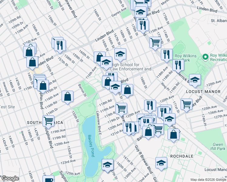 map of restaurants, bars, coffee shops, grocery stores, and more near 164-02 Foch Boulevard in Queens