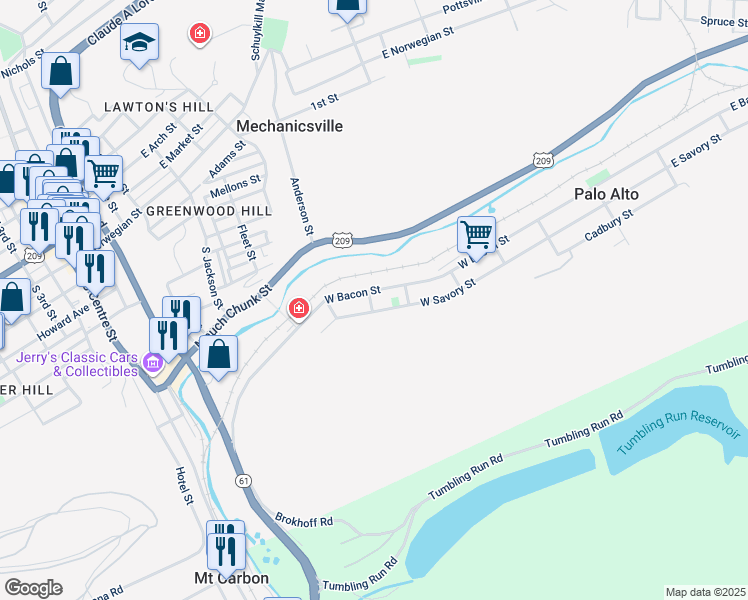 map of restaurants, bars, coffee shops, grocery stores, and more near 12 Mary Street in Pottsville