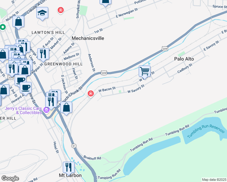 map of restaurants, bars, coffee shops, grocery stores, and more near 12 Mary Street in Pottsville