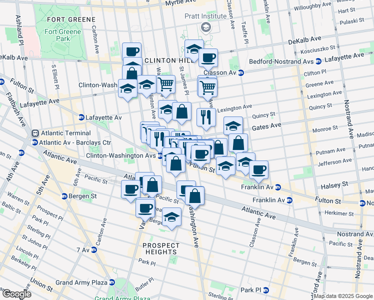map of restaurants, bars, coffee shops, grocery stores, and more near 483 Washington Avenue in Brooklyn