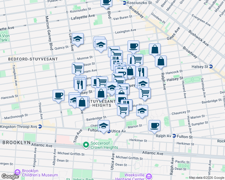 map of restaurants, bars, coffee shops, grocery stores, and more near 626 Hancock Street in Brooklyn