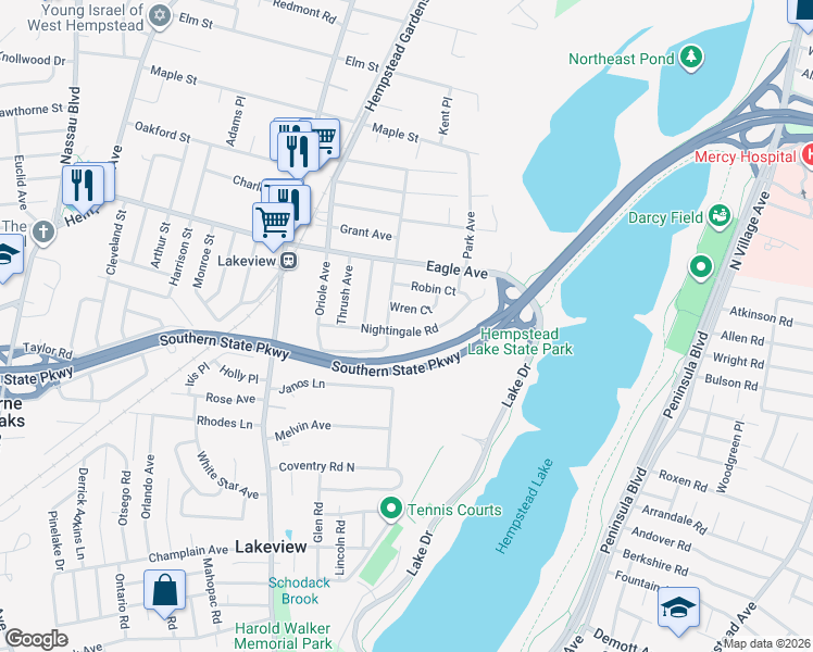 map of restaurants, bars, coffee shops, grocery stores, and more near 765 Nightingale Road in West Hempstead