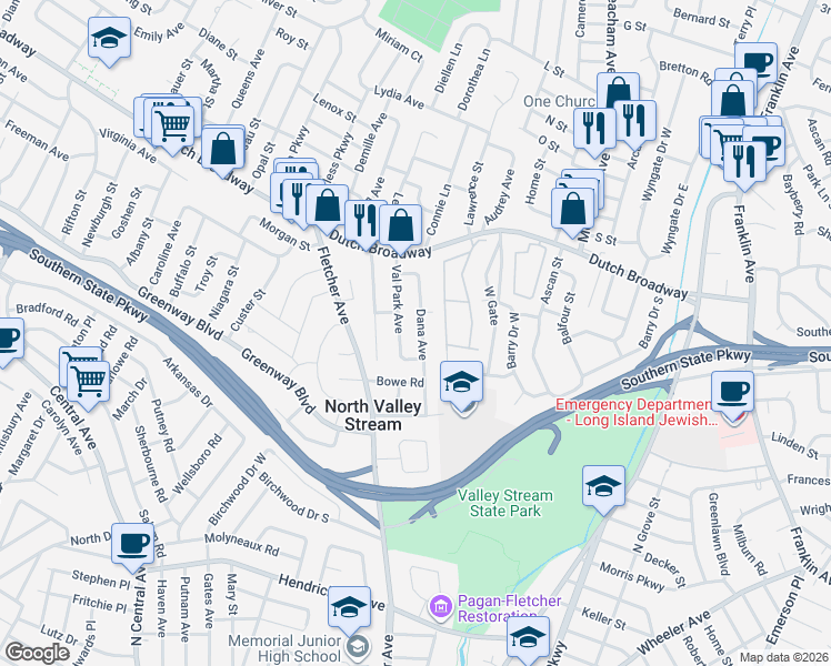 map of restaurants, bars, coffee shops, grocery stores, and more near 1160 Willow Lane in North Valley Stream