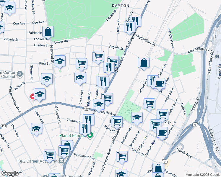 map of restaurants, bars, coffee shops, grocery stores, and more near 891 Newark Avenue in Elizabeth