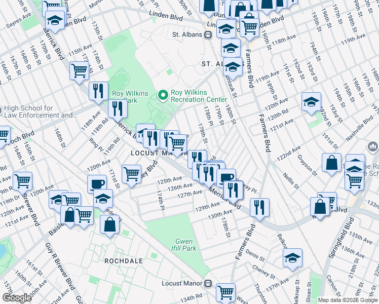 map of restaurants, bars, coffee shops, grocery stores, and more near 176-42 Sunbury Road in Queens