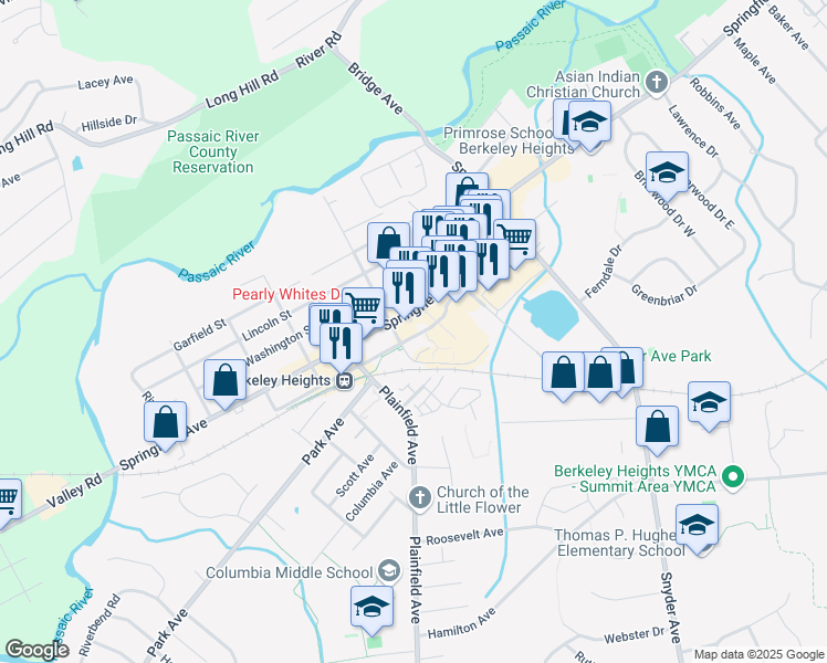 map of restaurants, bars, coffee shops, grocery stores, and more near 230 Sherman Avenue in Berkeley Heights