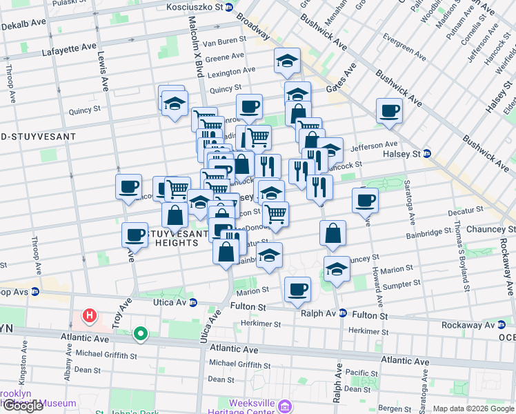 map of restaurants, bars, coffee shops, grocery stores, and more near 611 Macon Street in Brooklyn