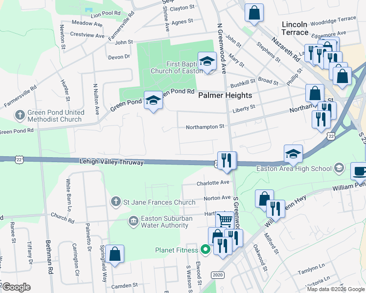 map of restaurants, bars, coffee shops, grocery stores, and more near 2933 Washington Street in Easton