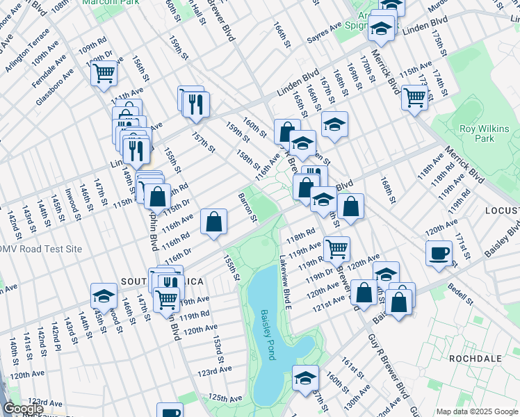 map of restaurants, bars, coffee shops, grocery stores, and more near 116-01 116th Avenue in Queens