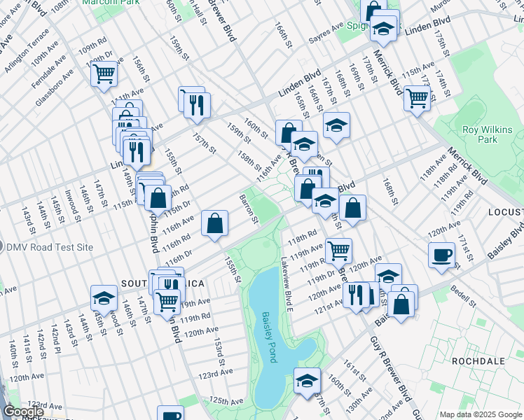 map of restaurants, bars, coffee shops, grocery stores, and more near 116-01 116th Avenue in Queens