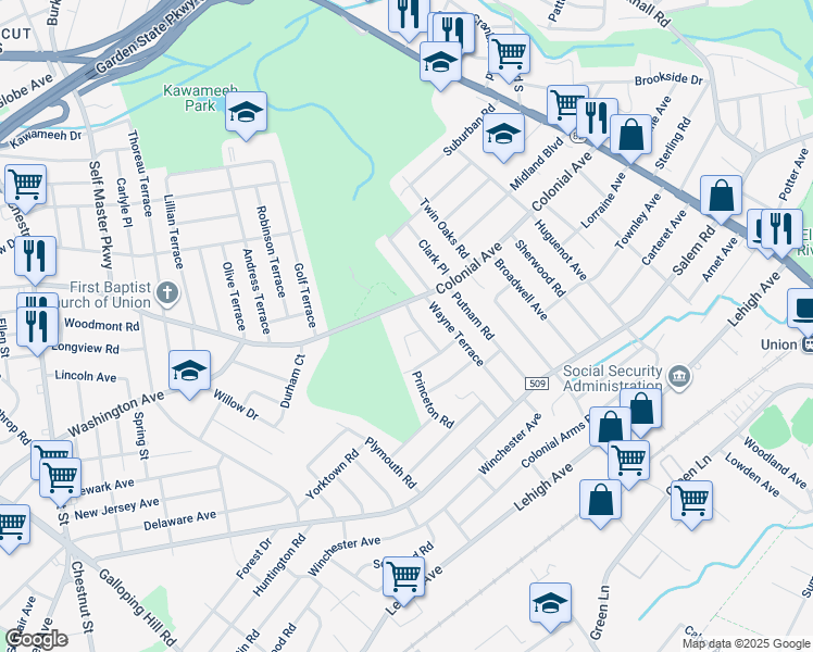 map of restaurants, bars, coffee shops, grocery stores, and more near 635 Colonial Avenue in Union