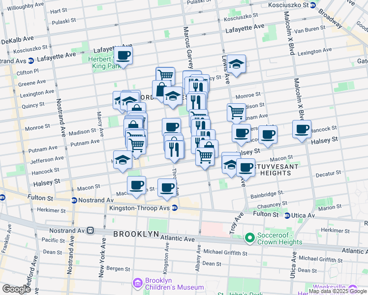 map of restaurants, bars, coffee shops, grocery stores, and more near 401 Hancock Street in Brooklyn