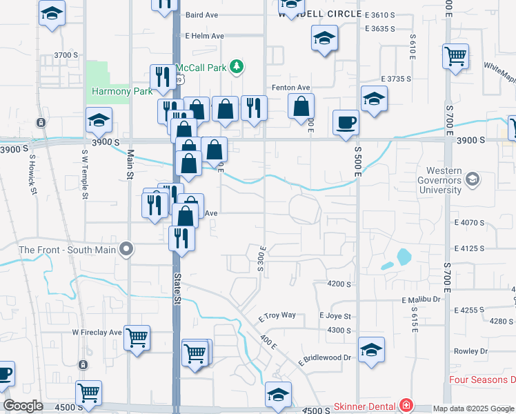 map of restaurants, bars, coffee shops, grocery stores, and more near 272 Park Hill Way in Millcreek