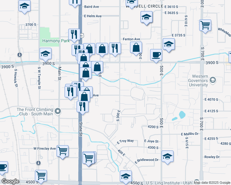map of restaurants, bars, coffee shops, grocery stores, and more near 272 Park Hill Way in Millcreek