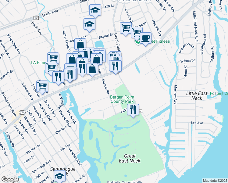 map of restaurants, bars, coffee shops, grocery stores, and more near 112 Curcio Court in West Babylon