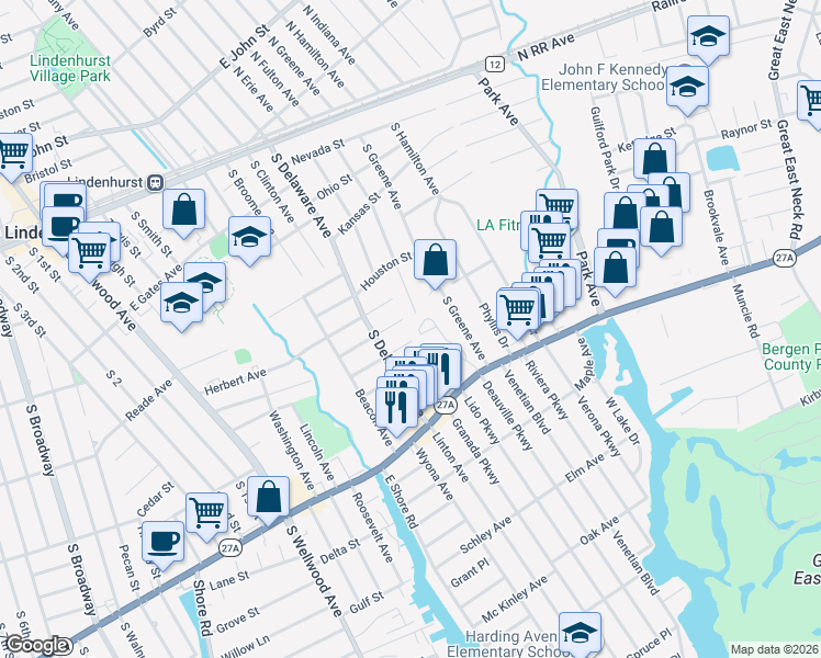 map of restaurants, bars, coffee shops, grocery stores, and more near 408 Narragansett Villas Drive in Lindenhurst