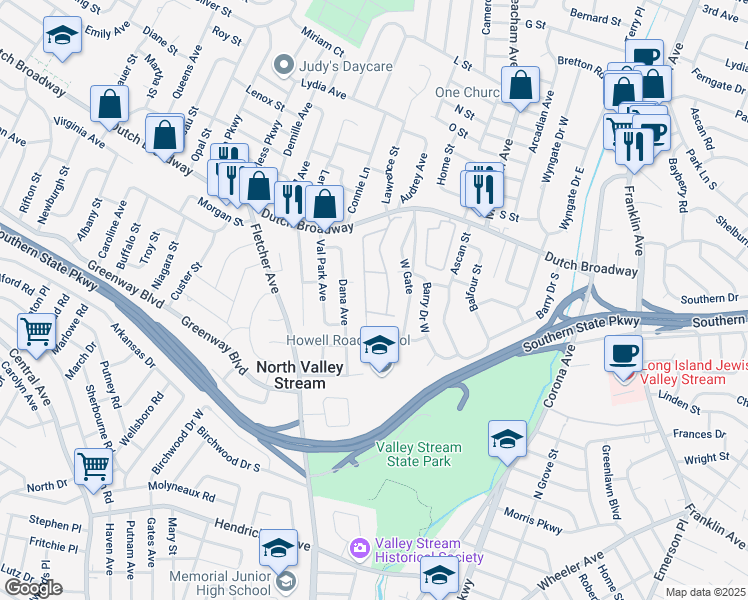 map of restaurants, bars, coffee shops, grocery stores, and more near 846 West Gate in Valley Stream