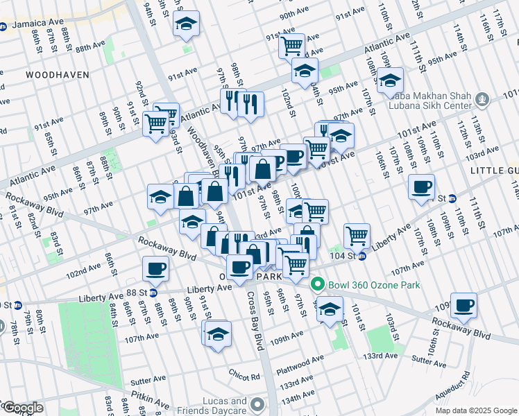 map of restaurants, bars, coffee shops, grocery stores, and more near 101-12 98th Street in Queens