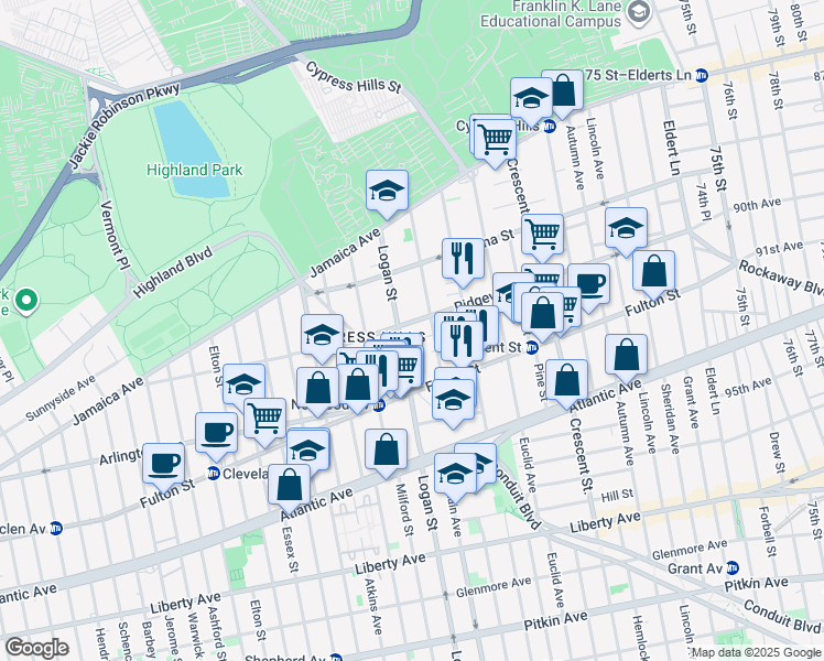 map of restaurants, bars, coffee shops, grocery stores, and more near 101 Logan Street in Brooklyn