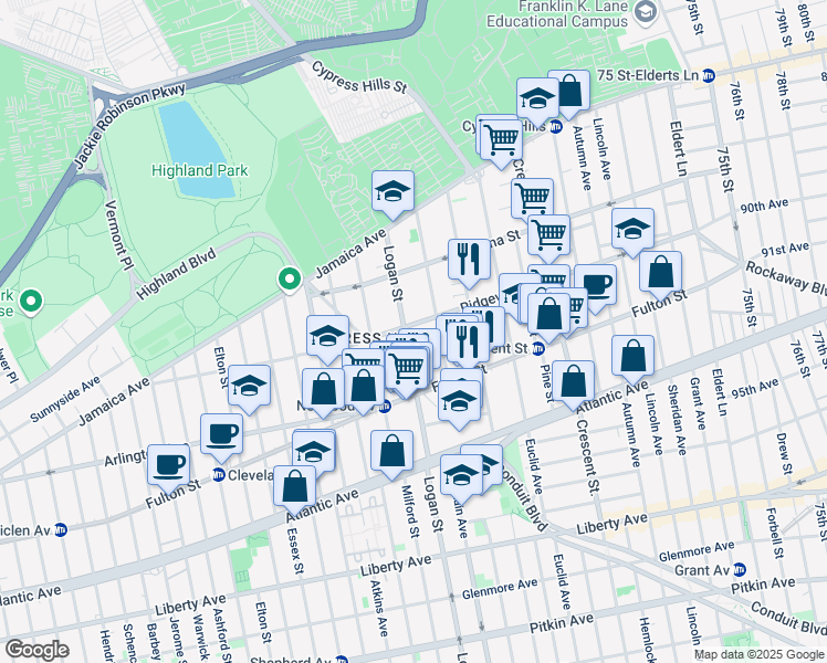 map of restaurants, bars, coffee shops, grocery stores, and more near 101 Logan Street in Brooklyn