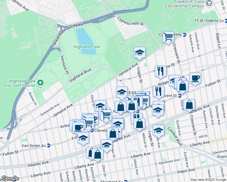 map of restaurants, bars, coffee shops, grocery stores, and more near 19 Shepherd Avenue in Brooklyn