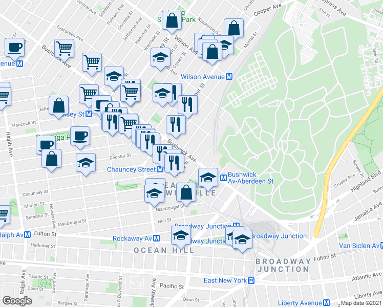 map of restaurants, bars, coffee shops, grocery stores, and more near 700 Chauncey Street in Brooklyn