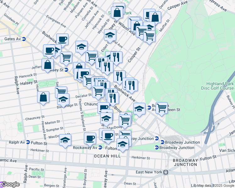 map of restaurants, bars, coffee shops, grocery stores, and more near 1408 Bushwick Avenue in Brooklyn