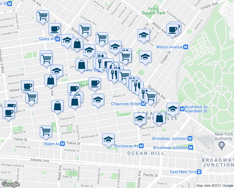 map of restaurants, bars, coffee shops, grocery stores, and more near 803 MacDonough Street in Brooklyn