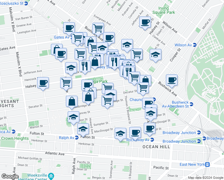 map of restaurants, bars, coffee shops, grocery stores, and more near 842 Macon Street in Brooklyn